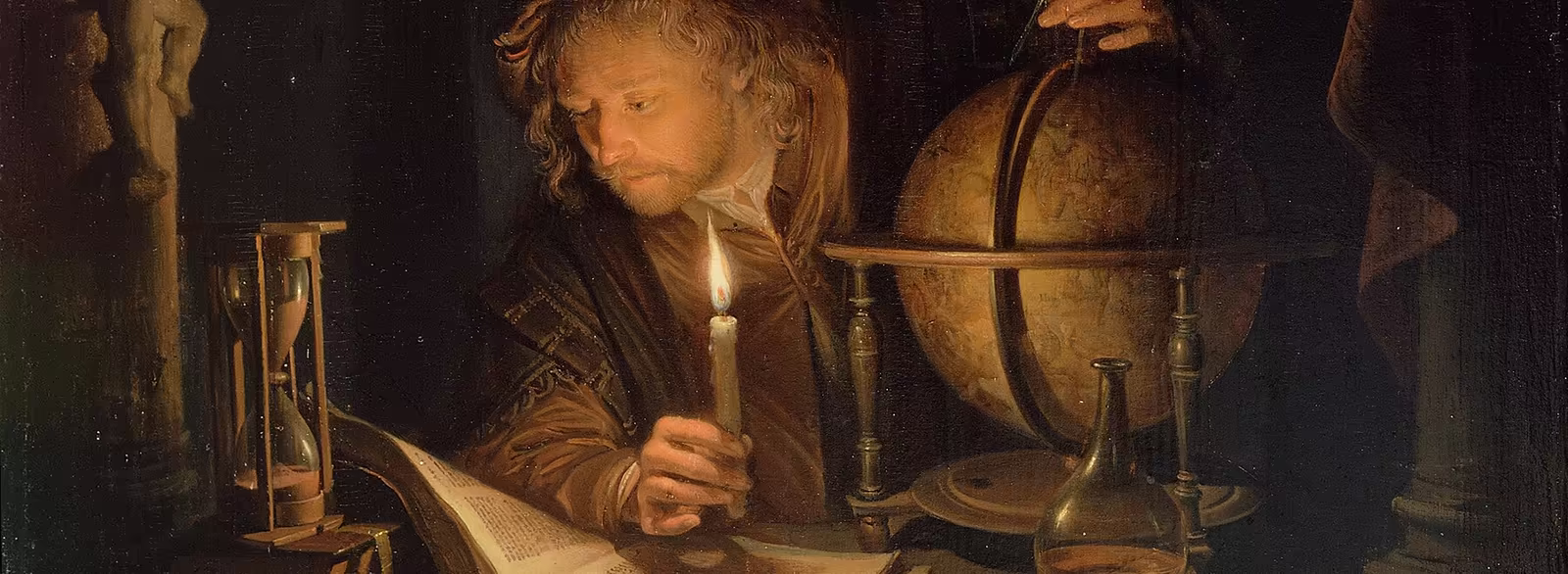 Astronomer by Candlelight by Gerrit Dou — a scholar reading by a single flame, a globe and an hourglass at hand