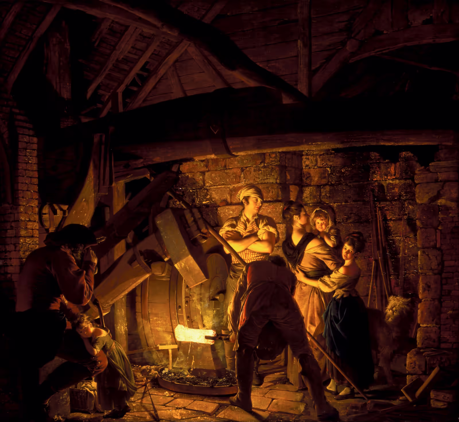 An Iron Forge by Joseph Wright of Derby — a blacksmith at the anvil, his family watching from the doorway of the dark smithy, all lit by the white glow of the hot iron
